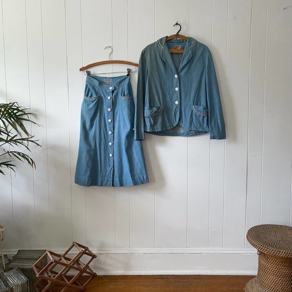 Vintage 1950s Sanforized Denim Chore Coat And Skirt Set Koret - Picture 4 of 11